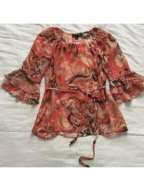I.N. Studio pink and orange semi sheer floral blouse ruffle sleeves tie waist